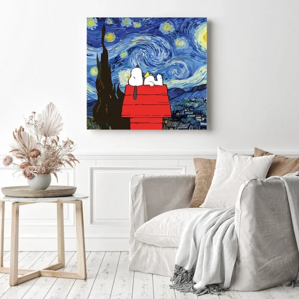 Cuadro Canvas Algodón Snoopy Charlie Brown Noche Estrellada - Imagen 3