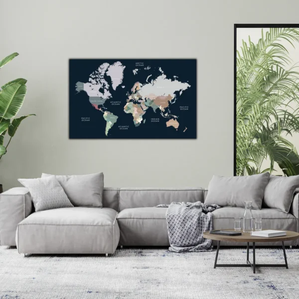 Cuadro Mapa Mundial Con Capitales En Lienzo Para Oficina - Imagen 3