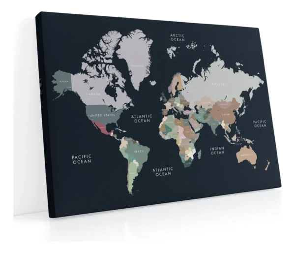 Cuadro Mapa Mundial Con Capitales En Lienzo Para Oficina