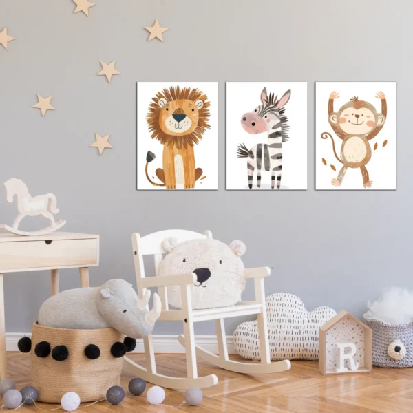 Set Cuadros Animalitos Infantiles Leon Chango Elefante 3pza Bebe - Imagen 3