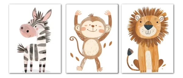 Set Cuadros Animalitos Infantiles Leon Chango Elefante 3pza Bebe