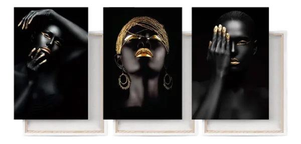 Kit Cuadros Mujeres Africana Dorada Canvas Listo Para Colgar