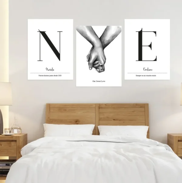 Set 3 Cuadros Manos Amor Con Inciales Y Frase Personalizado - Imagen 2