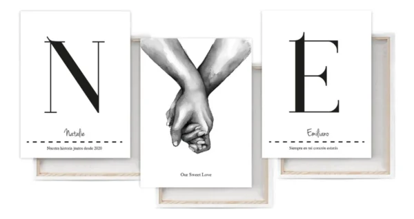 Set 3 Cuadros Manos Amor Con Inciales Y Frase Personalizado