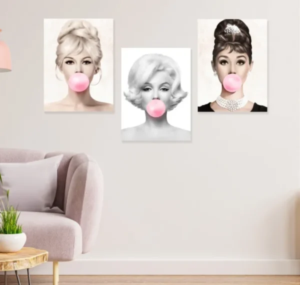 Set 3 Cuadros Marilyn Monroe Con Chicle Listo Para Colgar - Imagen 3