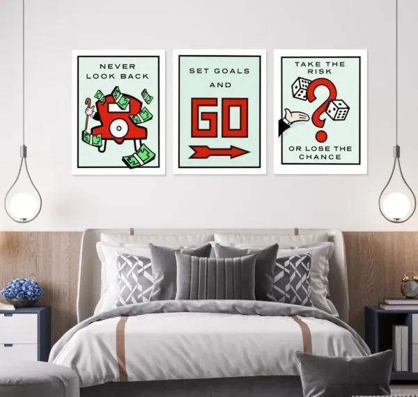 Set De Cuadros Monopoly Alec Tarjetas 3 Piezas En Lienzo Art - Imagen 3
