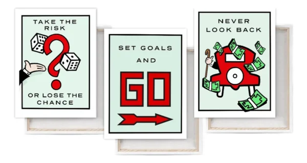 Set De Cuadros Monopoly Alec Tarjetas 3 Piezas En Lienzo Art